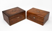 Two antique English walnut writing boxes with parquetry inlay and mother of pearl decoration, 19th century, ​​​​​​​the larger 30cm wide.