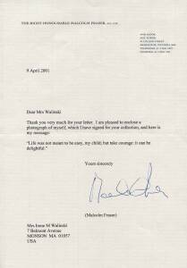 MALCOLM FRASER (22nd Prime Minister of Australia), signature on 9th April 2002 letter on "The Right Honourable Malcolm Fraser" letterhead; plus signature on colour photograph.