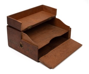 An antique mahogany bank clerk's deposit box with original gilt lettering and attractive double hinge mechanism, 19th/20th century, 12cm high, 27cm wide, 21cm deep.