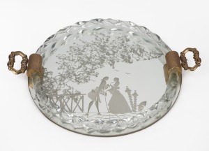 A Murano glass circular tray with etched romantic scene decoration, mid 20th century, 33cm across the handles.