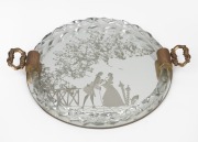 A Murano glass circular tray with etched romantic scene decoration, mid 20th century, 33cm across the handles.