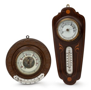 Two antique aneroid wall barometers with mercury thermometers, 19th/20th century, the larger 37cm high overall.