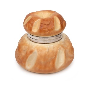 ROYAL WORCESTER antique English novelty porcelain biscuit barrel in the form of a country bread loaf with silver plated mounts, late 19th century, green factory marks to base, 14cm high.