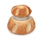 ROYAL WORCESTER antique English novelty porcelain biscuit barrel in the form of a country bread loaf with silver plated mounts, late 19th century, green factory mark to base, 14cm high.