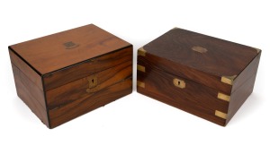 Two antique English walnut writing boxes with brass fittings and fitted interiors, 19th century, both approximately 30cm wide.