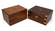 Two antique English walnut writing boxes with brass fittings and fitted interiors, 19th century, both approximately 30cm wide.