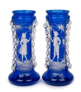 MARY GREGORY pair of antique blue glass vases with hand-painted figural decoration, 19th century, 27cm high.
