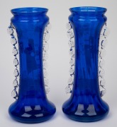 MARY GREGORY pair of antique blue glass vases with hand-painted figural decoration, 19th century, 27cm high. - 2