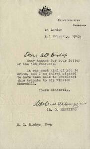 SIR ROBERT MENZIES (1894-1977, 12th Prime Minister of Australia), signature on 1965 letter on "Prime Minister, Canberra" letterhead. Together with Christmas Card (unsigned).