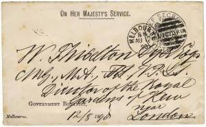 Ferdinand von Mueller [1825-1896,&nbsp;German-Australian&nbsp;physician,&nbsp;geographer, and most notably, Victorian Government Botanist and long-term director of the Royal Botanic Gardens, Melbourne] Aug.1890 free franked OHMS "GOVERNMENT BOTANIST" printed envelope in