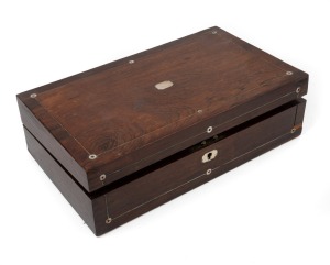 An antique English rosewood writing box, inlaid with mother of pearl and green baize interior with original ink pots, 19th century, 12cm high, 40cm wide, 24cm deep.
