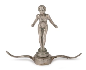 A vintage car hood ornament mascot of a diving female with wings, circa 1920s, 16cm high, 21.5cm wide.