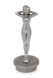 A vintage car hood ornament mascot of a standing female figure, circa 1920s, 18cm high.