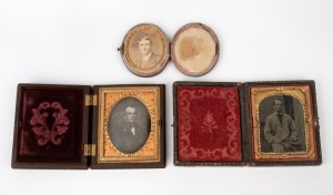 A daguerreotype portrait photograph of a man housed in a union bi-fold case, together with an ambrotype portrait of a man in a leather case, and an albumen portrait in oval gilt metal mount housed in a silk lined cloth covered case, circa 1850s to 1880s, 