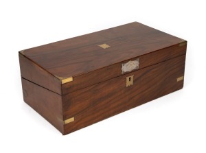 An antique brass bound walnut writing box, handsomely fitted with embossed tooled leather interior, ink pots and compartments, bearing sterling silver presentation plaque "Presented to Mr. A. Gough, by the teachers of the P.M.S. School, West Melbourne, December 2nd 1885", 16.5cm high, 45.5cm wide, 24cm deep.