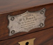 An antique brass bound walnut writing box, handsomely fitted with embossed tooled leather interior, ink pots and compartments, bearing sterling silver presentation plaque "Presented to Mr. A. Gough, by the teachers of the P.M.S. School, West Melbourne, De - 2