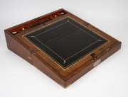 An antique brass bound walnut writing box, handsomely fitted with embossed tooled leather interior, ink pots and compartments, bearing sterling silver presentation plaque "Presented to Mr. A. Gough, by the teachers of the P.M.S. School, West Melbourne, De - 3