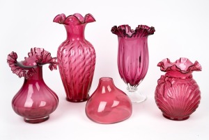 Five assorted vintage ruby and cranberry glass vases, 20th century, ​​​​​​​the largest 29cm high.