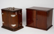 Two antique English mahogany and oak humidors, one beautifully fitted with silver plated accessories and tobacco jar (sadly damaged), 19th century, (2 items), 26cm and 25cm high. - 2