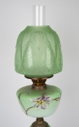An antique banquet lamp with hand-painted green glass font and column in the Art Nouveau style with double burner, acid etched shade and chimney, 19th/20th century, 75cm high. - 2