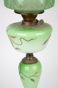 An antique banquet lamp with hand-painted green glass font and column in the Art Nouveau style with double burner, acid etched shade and chimney, 19th/20th century, 75cm high. - 3