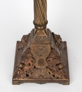 A banquet lamp, blue glass font with gilt and floral enamel highlights, black button double burner with acid etched shade and Corinthian column base, 19th century and later, 79cm high. - 4