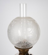 An antique oil lamp with clear cut crystal font, double black button burner, acid etched shade with brass and black glass base and chimney, 19th century, 76cm high. - 3