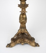 An oil lamp with floral peach glass font, acid etched floral shade, single black button burner and unusual cast metal Chinese acrobat base, 19th century and later, 70cm high. - 3