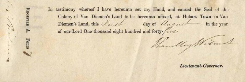 1845-59 group of fragments (8) from Convict Conditional Pardons signed by various Van Diemen's Land Governors with Eardley Wilmot, Lt. Governor Latrobe, Lt. Governor Denison and Fox Young. All bearing the Seal of the Colony; plus 4 other items incl USA Ar