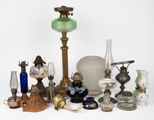 Assorted oil lamps and lamp parts, mixed vintages and condition, (qty), the largest 60cm high.