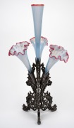 An antique vaseline glass four trumpet epergne on silver plated base, 19th century, ​​​​​​ 42cm high. - 2