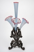 An antique vaseline glass four trumpet epergne on silver plated base, 19th century, ​​​​​​ 42cm high. - 3
