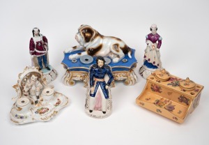 STAFFORDSHIRE antique "Albert" pottery statue; together with a pair of antique soft paste porcelain statuettes and three antique porcelain inkwells, mixed condition, 19th century, (6 items), Albert 17cm high.