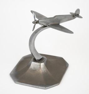 WWII vintage chrome Spitfire desk ornament, 15cm high, 14cm wingspan.