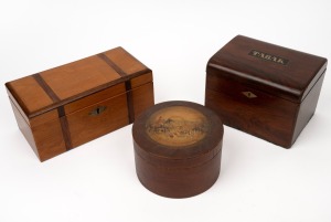 Two antique tobacco boxes and an antique tea caddy, mid to late 19th century, (3 items), the largest 23cm wide.