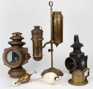 Antique brass student study lamp, coach lamps, oil lamp and hanging lamp pulleys, mixed vintages and condition, (6 items), the largest 52cm high.