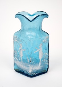MARY GREGORY blue glass vase, attractively decorated with two figures in landscape, 19th century, 13.5cm high.