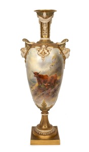 ROYAL WORCESTER impressive antique English porcelain mantle vase, adorned with hand-painted scene of highland cattle, signed JOHN STINTON, puce factory mark to base, an imposing 57cm high.