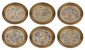 Six assorted vintage Chinese silk embroideries, each mounted in oval brass frames, early to mid 20th century, 27 x 24cm each overall.