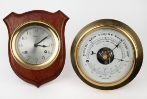 UNICORN vintage German bulkhead clock mounted on timber shield; together with a brass precision aneroid barometer with thermometer, 20th century, (2 items), the shield 21 x 19cm overall.