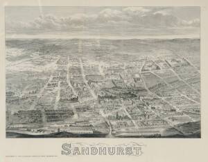 "SANDHURST" wood engraving (elevated view of Bendigo) supplement to "The Illustrated Australian News" Dec 1878, artwork by F.A.Sleap & engraved by Albert Charles Cooke. 67 x 45cm, left margin trimmed otherwise VG condition&nbsp;