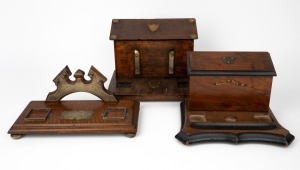 Three antique English walnut and oak desk tidies with lift-top compartments, 19th century, approximately 28cm wide each.
