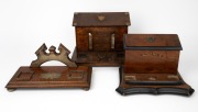Three antique English walnut and oak desk tidies with lift-top compartments, 19th century, approximately 28cm wide each.