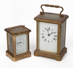An antique French carriage clock with time only movement and Roman numerals; together with a miniature carriage clock retailed by Hardy Brothers (missing handle), 19th century, (2 items), 14cm and 9cm high.