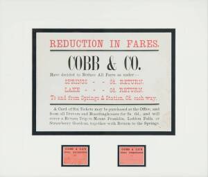 COBB & CO: Daylesford (Victoria) point of sale advertisement on card "Reduction in Fares, Cobb & Co have decided to Reduce All Fares as under:- SPRINGS - 6d Return, Lake 6d Return.....". Going on to mention Mount Franklin, Loddon Falls & Strawberry Garden