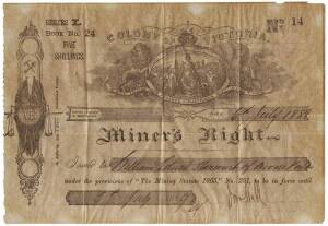 MINER'S RIGHT & BANK CHEQUES: 1888 Miners Right issued to William Edwell Harcourt of Moonee Ponds for mining in the Castlemaine district (details verso); PLUS a group of 9 Ballarat bank cheques (1876-1886) . 10 items