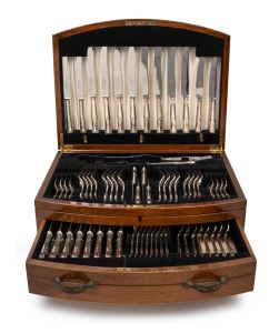 Silver plated cutlery set in canteen, bearing silver presentation plaque to the lid, mid 20th century, the canteen 45cm wide.