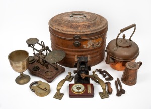 Antique scales and weights, bench mount coffee grinder, vintage barometer, door handles, antique padlock, copper kettle and jug, railway clouts, metal hat trunk and an antique brass chalice, 19th and 20th century, (qty), the trunk 33cm high, 39cm wide, 34
