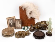 REMAINS OF COLLECTION: Decoupage cat ornaments, Chinese carved jade statue on stand, portrait photographs, ostrich feather plume, leather satchel etc., (qty).