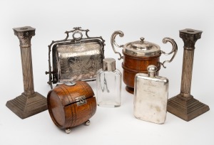 Silver plated candlesticks, muffin dish, oak biscuit barrel, tobacco jar and two hip flasks (one with attractive collapsable cup lid), 19th and 20th century, (qty), the candlesticks 25cm high.